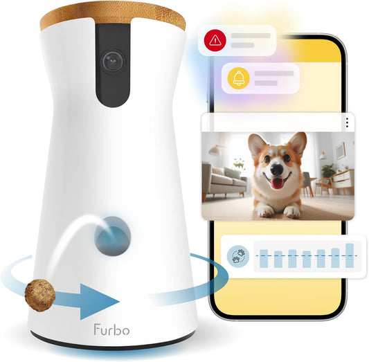 Furbo 360° Dog Camera [Subscription Required] Unlock w/Paid Plan: Home Security & Dog Safety Alerts, Rotating Pet Treat Toss w/ 2-Way Speaker, Smart Cam w/Phone App (Low Risk, 3mo Min. Cancel Anytime)